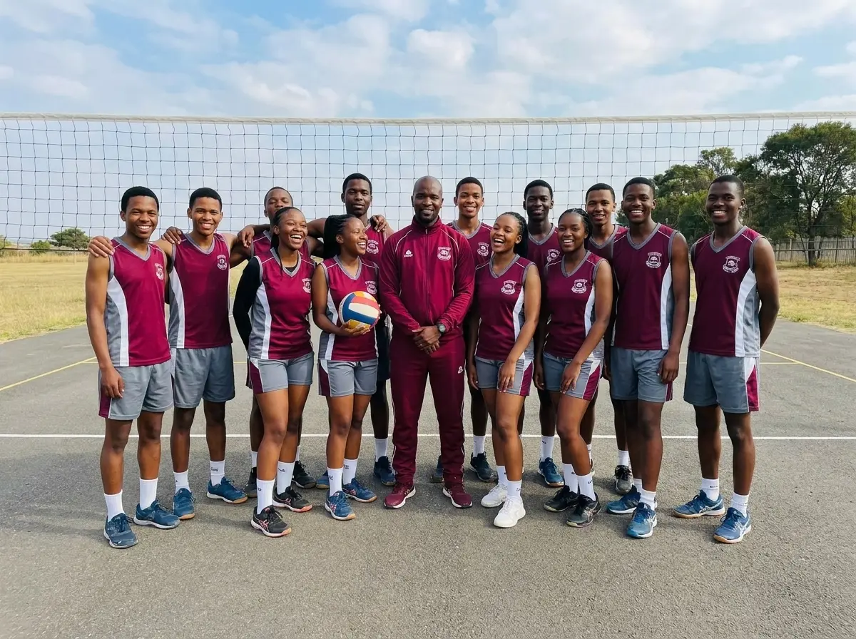 Cefups Academy volleyball team in front of the net