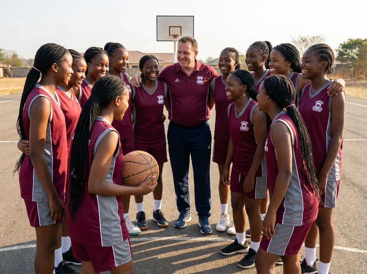 Cefups Academy girls basketball team with their coach on the court