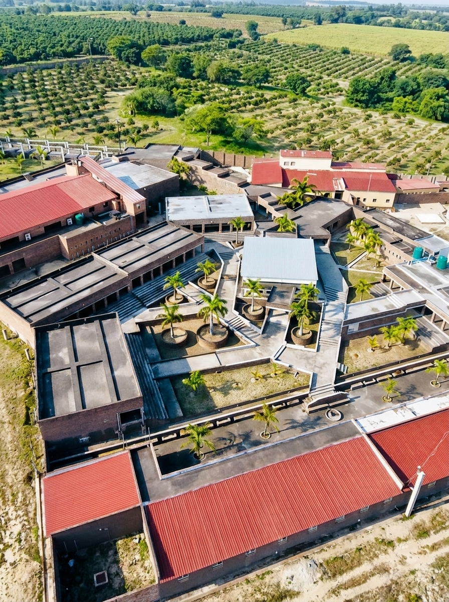 Aerial view of the Cefups Academy farm campus among macadamia orchards