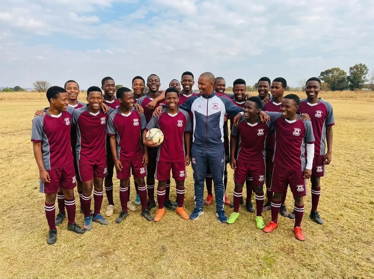 Cefups Academy boys soccer team with their coach on the field