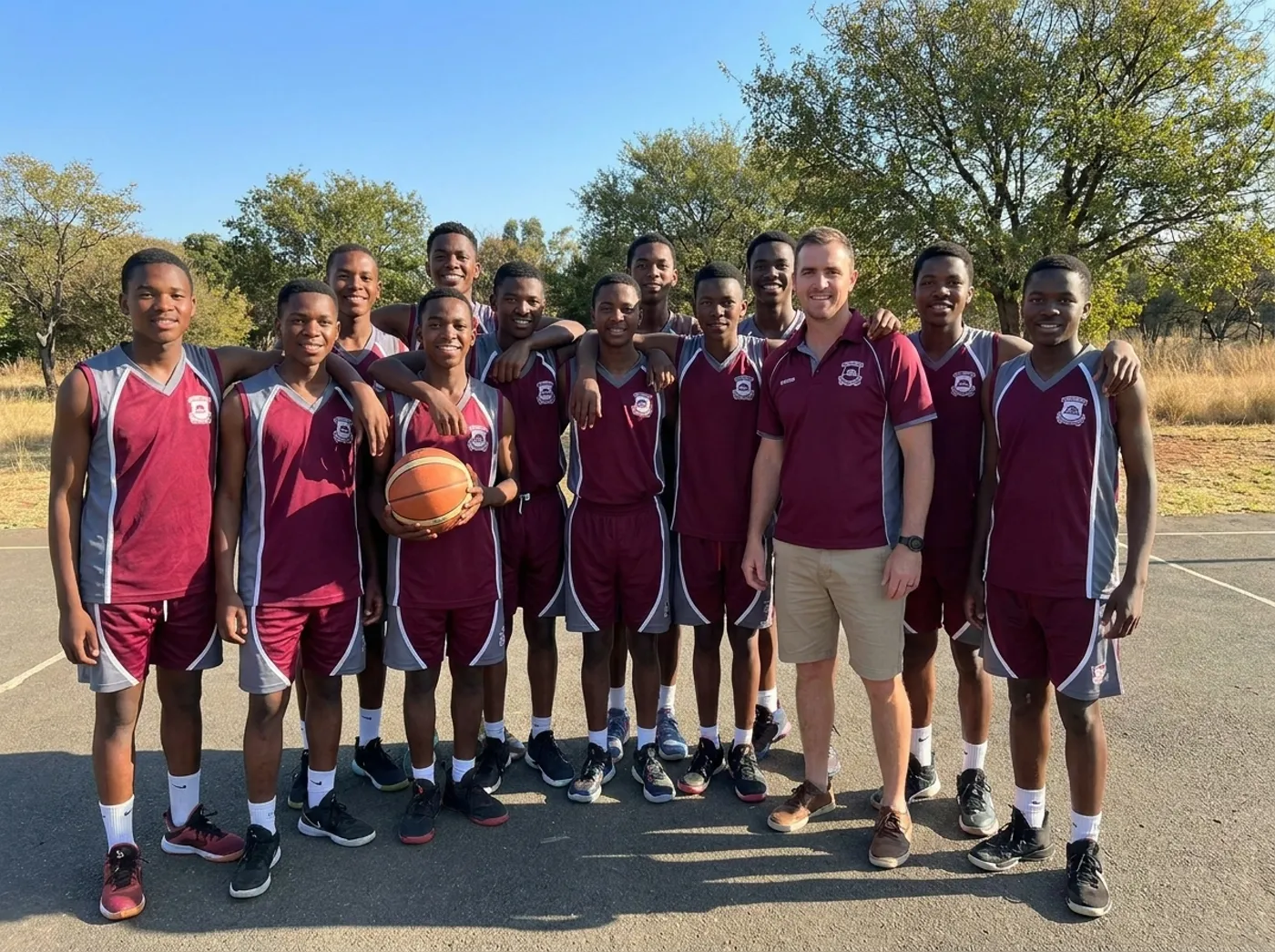 Cefups Academy boys basketball team with their coach on the court